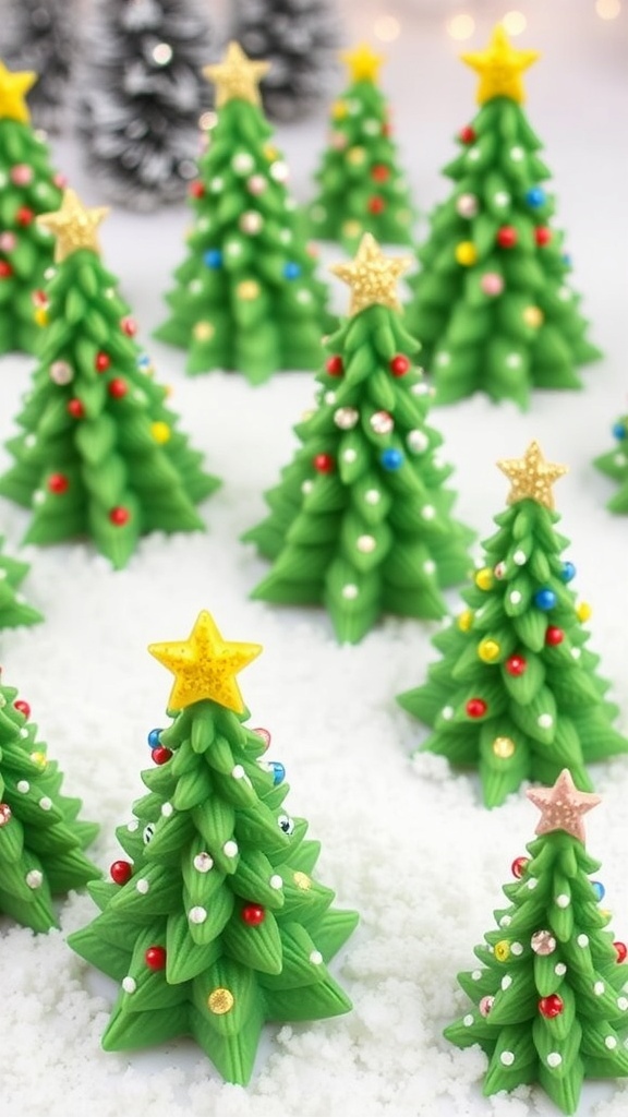 Fondant Christmas Tree Cake Decorations Fondant Christmas tree decorations in green with edible glitter and sprinkles, displayed on a snowy background.